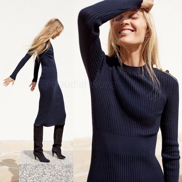 GWYN Rebecca Virgin Wool Rib Sweater Dress in Navy Blue - Picture 3 of 13